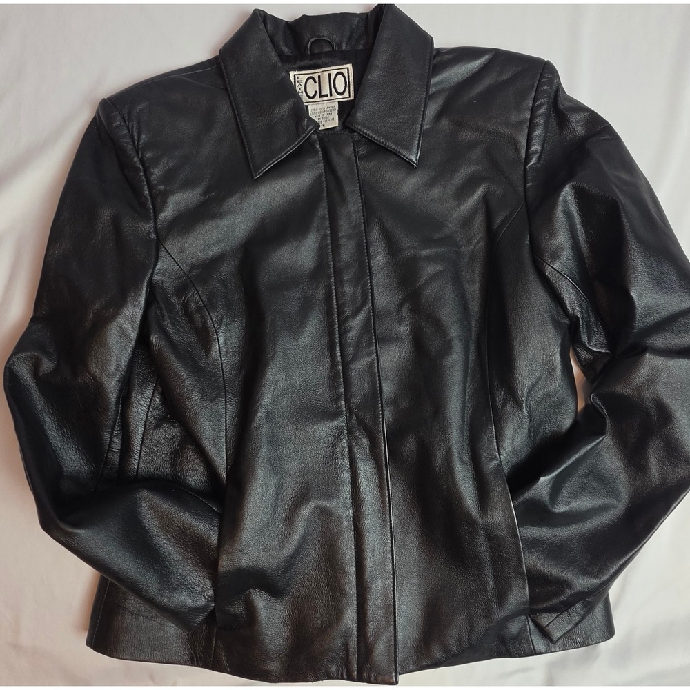 Vintage Clio Black Leather Jacket 90s Minimalist Y2K Cyberpunk Moto Chic Size 6